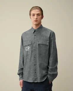 C.P. Company Chambray Long Sleeved Logo Shirt Denim-Blue Hot