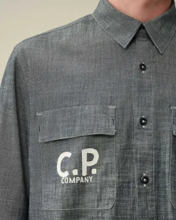 C.P. Company Chambray Long Sleeved Logo Shirt Denim-Blue Hot