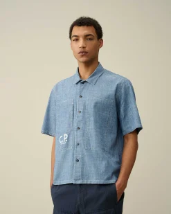 C.P. Company Chambray Short Sleeved Logo Shirt Stone Bleach-Blue New
