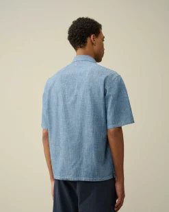 C.P. Company Chambray Short Sleeved Logo Shirt Stone Bleach-Blue New