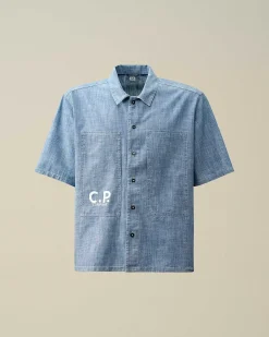 C.P. Company Chambray Short Sleeved Logo Shirt Stone Bleach-Blue New