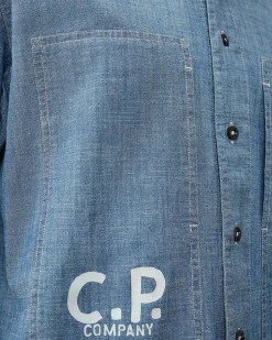 C.P. Company Chambray Short Sleeved Logo Shirt Stone Bleach-Blue New