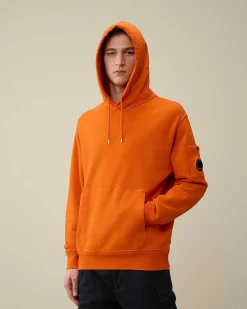 C.P. Company Cotton Diagonal Fleece Lens Hoodie Gold Flame-Orange Hot