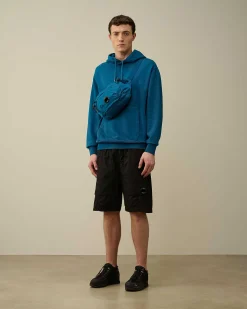 C.P. Company Cotton Diagonal Fleece Logo Hoodie Ink Blue Discount
