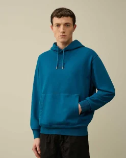 C.P. Company Cotton Diagonal Fleece Logo Hoodie Ink Blue Discount