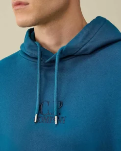 C.P. Company Cotton Diagonal Fleece Logo Hoodie Ink Blue Discount