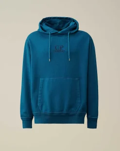 C.P. Company Cotton Diagonal Fleece Logo Hoodie Ink Blue Discount