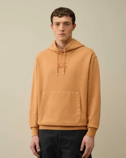 C.P. Company Cotton Diagonal Fleece Logo Hoodie Pastry Shell-Orange Fashion