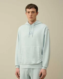 C.P. Company Cotton Diagonal Fleece Logo Hoodie Starlight Blue Shop