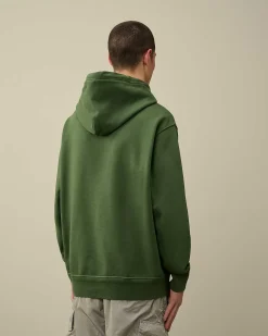 C.P. Company Cotton Diagonal Fleece Logo Hoodie Duck Green Cheap