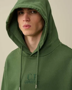 C.P. Company Cotton Diagonal Fleece Logo Hoodie Duck Green Cheap