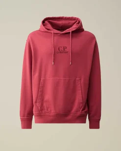 C.P. Company Cotton Diagonal Fleece Logo Hoodie Red Bud Clearance
