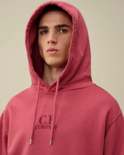 C.P. Company Cotton Diagonal Fleece Logo Hoodie Red Bud Clearance