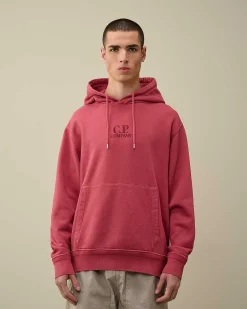 C.P. Company Cotton Diagonal Fleece Logo Hoodie Red Bud Clearance