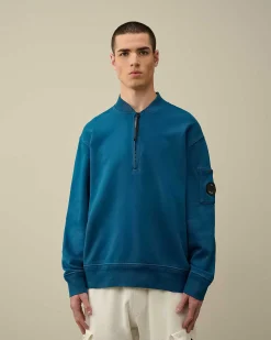 C.P. Company Cotton Diagonal Fleece Zipped Sweatshirt Ink Blue New
