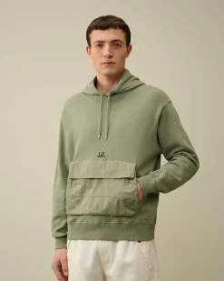 C.P. Company Cotton Fleece Mixed Hoodie Agave Green Discount