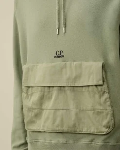 C.P. Company Cotton Fleece Mixed Hoodie Agave Green Discount