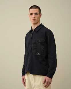 C.P. Company Cotton Fleece Mixed Zipped Shirt Total Eclipse-Blue Cheap