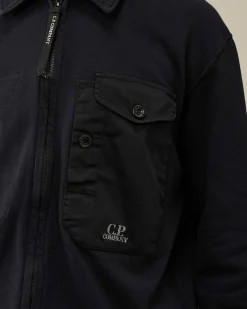 C.P. Company Cotton Fleece Mixed Zipped Shirt Total Eclipse-Blue Cheap