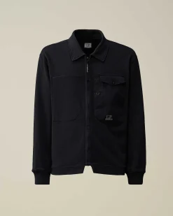 C.P. Company Cotton Fleece Mixed Zipped Shirt Total Eclipse-Blue Cheap