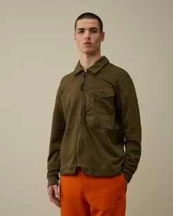 C.P. Company Cotton Fleece Mixed Zipped Shirt Ivy Green Cheap