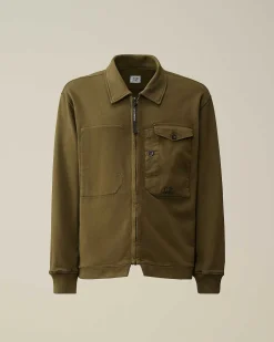 C.P. Company Cotton Fleece Mixed Zipped Shirt Ivy Green Cheap