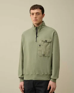 C.P. Company Cotton Fleece Mixed Zipped Sweatshirt Agave Green Hot