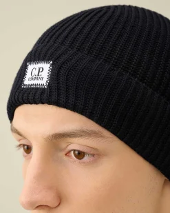 C.P. Company Cotton Logo Beanie Total Eclipse-Blue Outlet