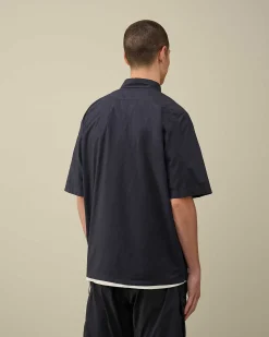 C.P. Company Cotton Popeline Short Sleeved Shirt Total Eclipse-Blue Discount