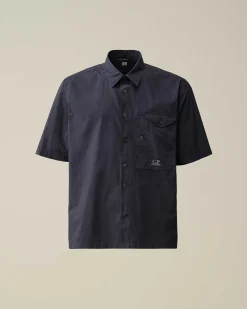 C.P. Company Cotton Popeline Short Sleeved Shirt Total Eclipse-Blue Discount