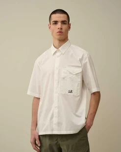 C.P. Company Cotton Popeline Short Sleeved Shirt Gauze White Flash Sale