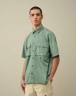 C.P. Company Cotton Rip-Stop Short Sleeved Shirt Green Bay Clearance