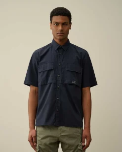 C.P. Company Cotton Rip-Stop Short Sleeved Shirt Total Eclipse-Blue Best