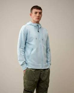 C.P. Company Diagonal Raised Fleece Goggle Zipped Hoodie Starlight Blue Store