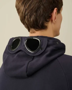 C.P. Company Diagonal Raised Fleece Goggle Zipped Hoodie Total Eclipse-Blue Best Sale