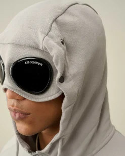 C.P. Company Diagonal Raised Fleece Goggle Zipped Hoodie Drizzle Grey Hot