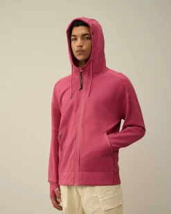 C.P. Company Diagonal Raised Fleece Goggle Zipped Hoodie Red Bud Clearance