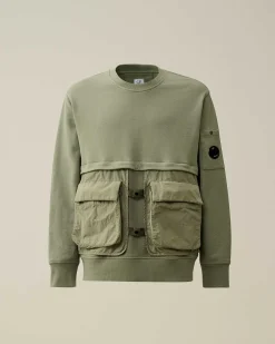 C.P. Company Diagonal Raised Fleece Mixed Detachable Sweatshirt Agave Green New