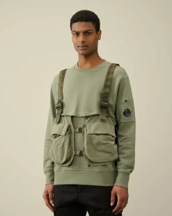 C.P. Company Diagonal Raised Fleece Mixed Detachable Sweatshirt Agave Green New