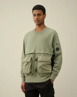 C.P. Company Diagonal Raised Fleece Mixed Detachable Sweatshirt Agave Green New