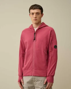 C.P. Company Diagonal Raised Fleece Zipped Hoodie Red Bud Best