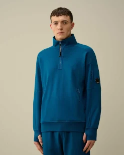 C.P. Company Diagonal Raised Fleece Zipped Sweatshirt Ink Blue Clearance