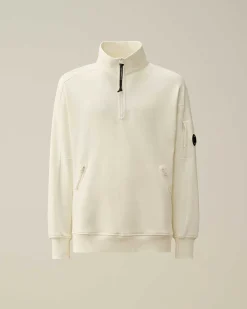 C.P. Company Diagonal Raised Fleece Zipped Sweatshirt Gauze White Clearance