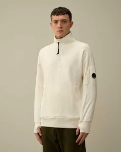 C.P. Company Diagonal Raised Fleece Zipped Sweatshirt Gauze White Clearance