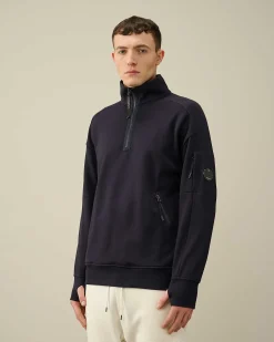 C.P. Company Diagonal Raised Fleece Zipped Sweatshirt Total Eclipse-Blue Clearance