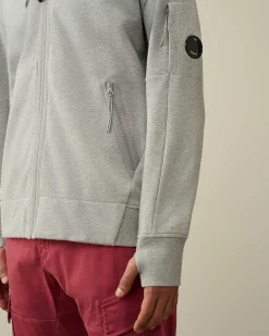 C.P. Company Diagonal Raised Fleece Zipped Hoodie Grey Melange Clearance
