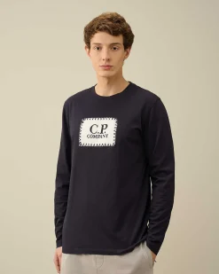 C.P. Company 30/1 Jersey Long Sleeved Logo T-Shirt Total Eclipse-Blue Cheap
