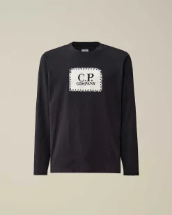 C.P. Company 30/1 Jersey Long Sleeved Logo T-Shirt Total Eclipse-Blue Cheap