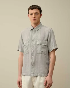 C.P. Company Linen Short Sleeved Shirt Drizzle Grey Discount
