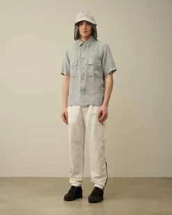 C.P. Company Linen Short Sleeved Shirt Drizzle Grey Discount